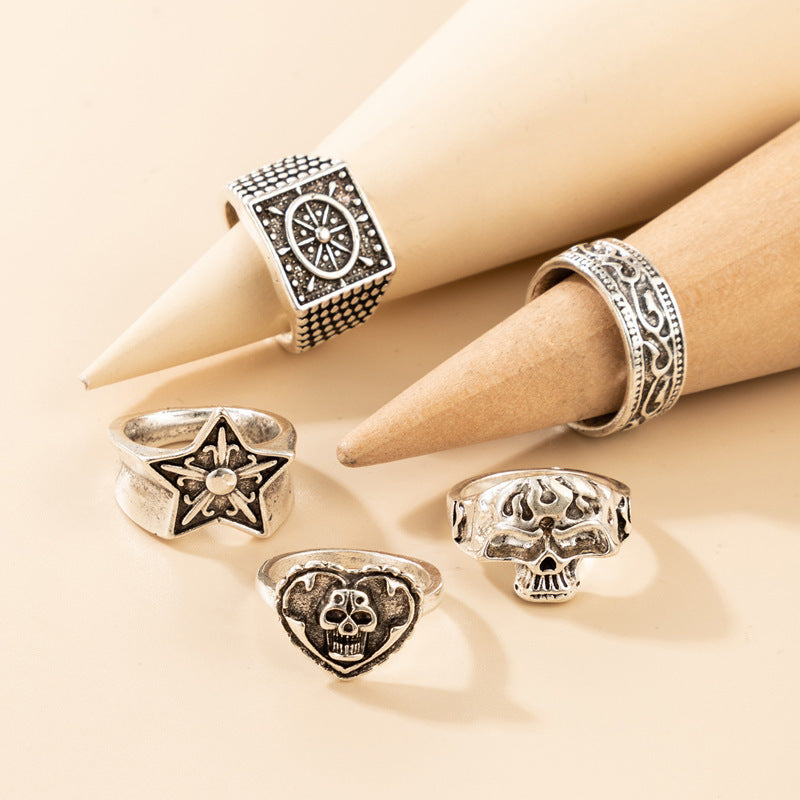 Unisex Metal Alloy Ring Set Five Piece With Bohemian Ethnic Skull Star And Geometric Designs Boho Elements Art