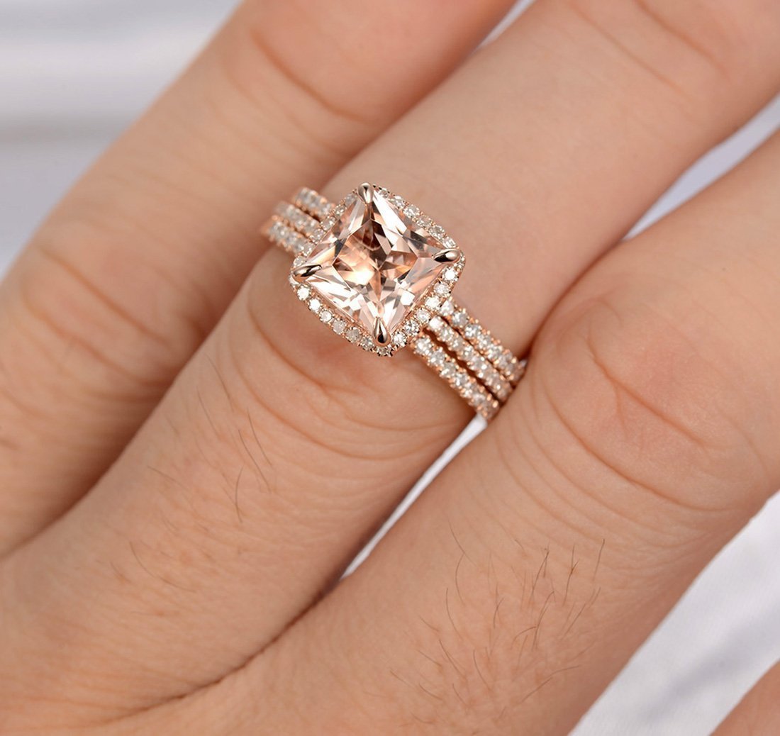 Womens Exquisite Luxury Square Diamond Ring Set Rose Gold Alloy Inlaid Artificial Gems Engagement Promise Jewelry
