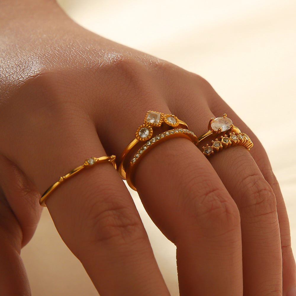 Retro Design Geometric Inlaid Zircon Stainless Steel Ring Open Mouth Split Ring Female Affordable Luxury Style