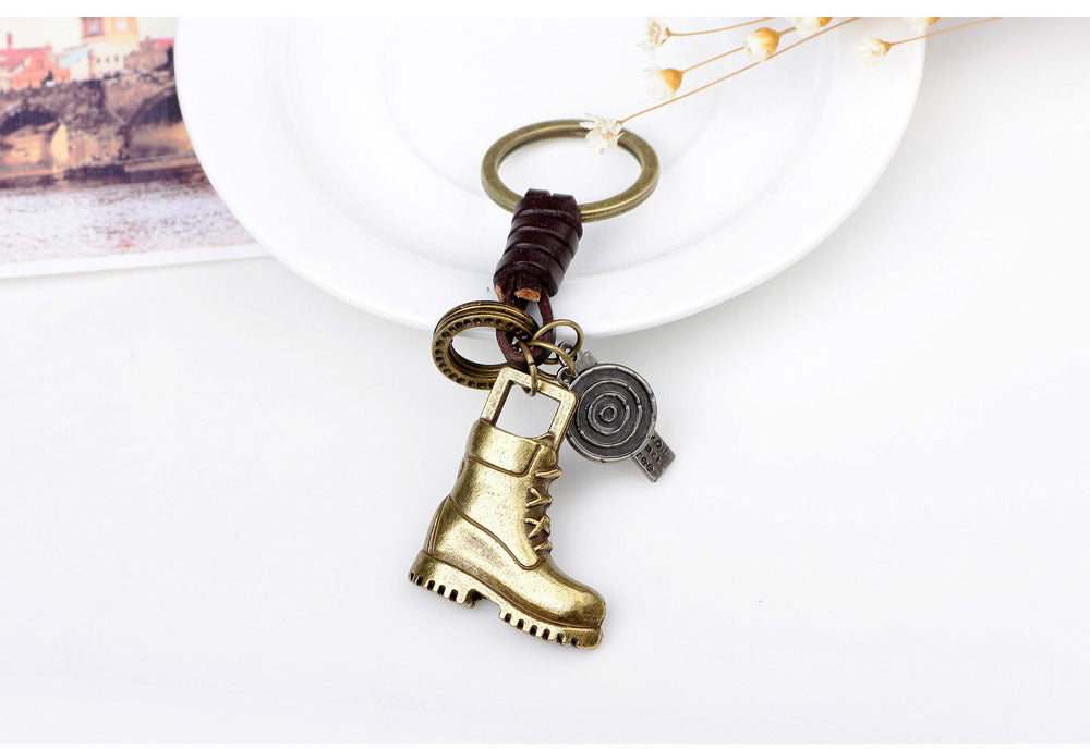 Braided Leather Car Keychain Antique Bronze Gold 11cm Long