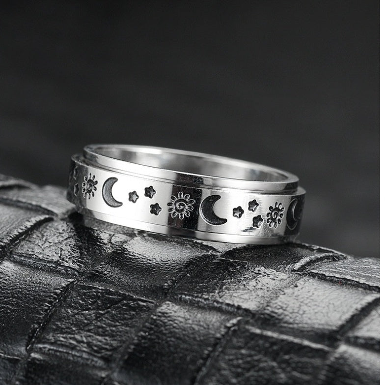 Mens Stainless Steel Ring Rotating Band Chain Design Heart Ruyi Sun Moon Five Pointed Star Pattern Gift Trendy