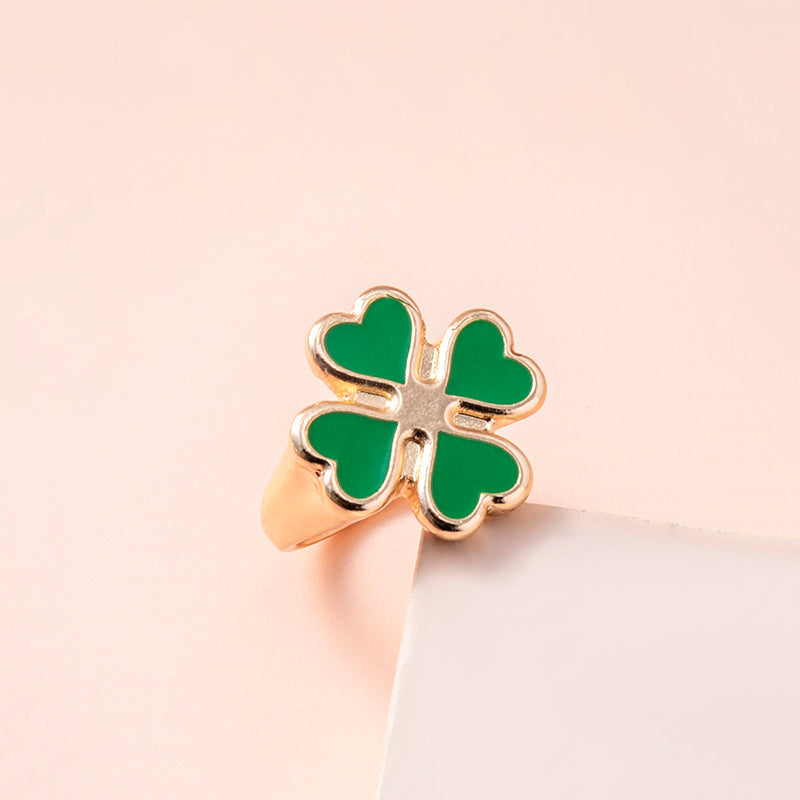 Four Leaf Clover Ring Enamel Zinc Alloy Plant Shape Vintage Fashion Jewelry Gift for Women Men Daily Wear Classic Shine