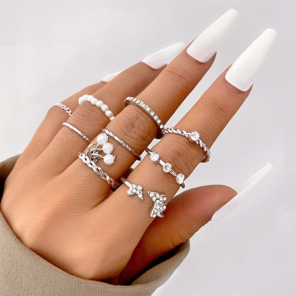 Women Adjustable Butterfly Rings Set Design Knuckle Trendy Alloy Heart Rings Fashionable Insect Animal Jewelry