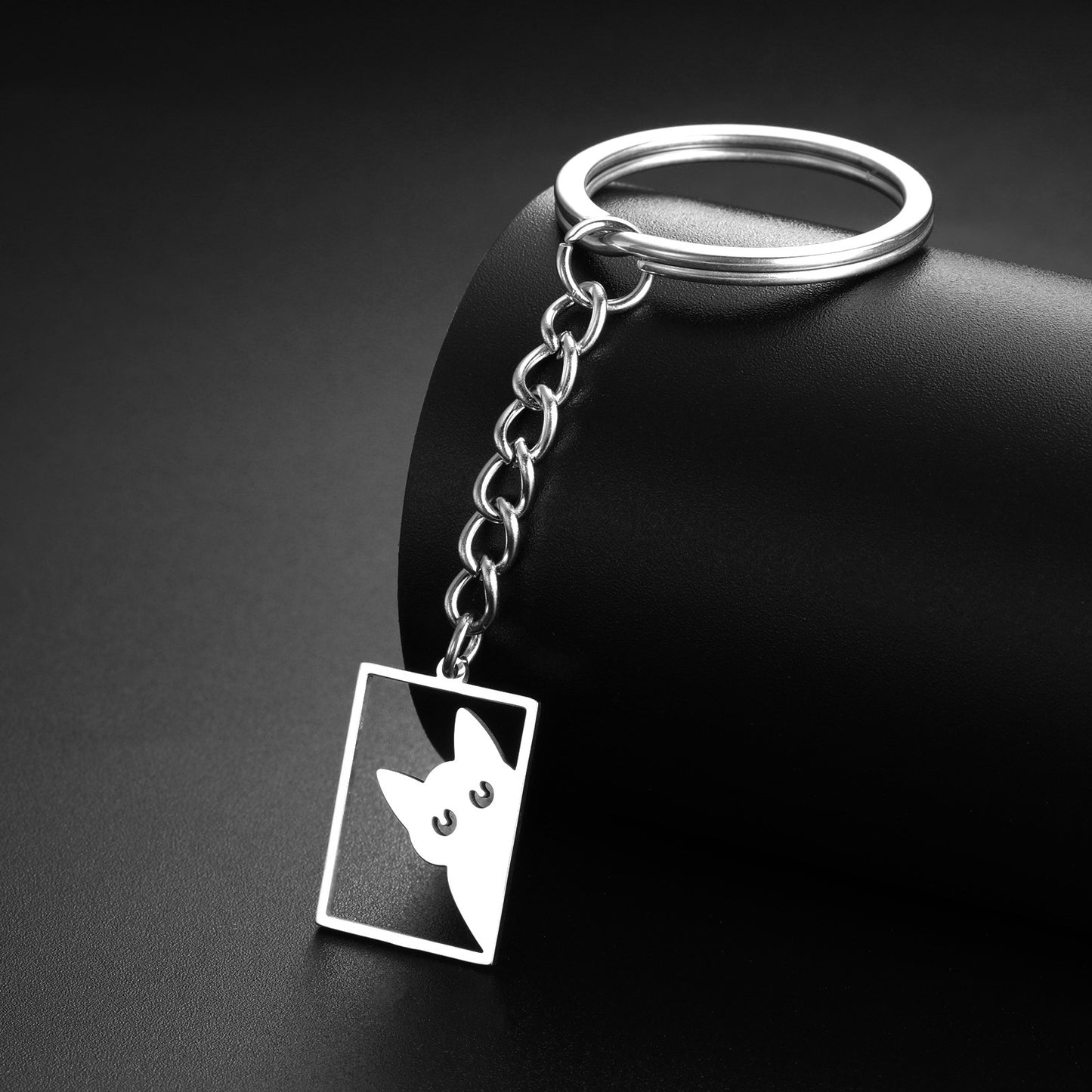 Womens Animal Keychain Titanium Steel Rectangular KittenPet Cat Shape Key Ring Fashion Accessory Durable Steel