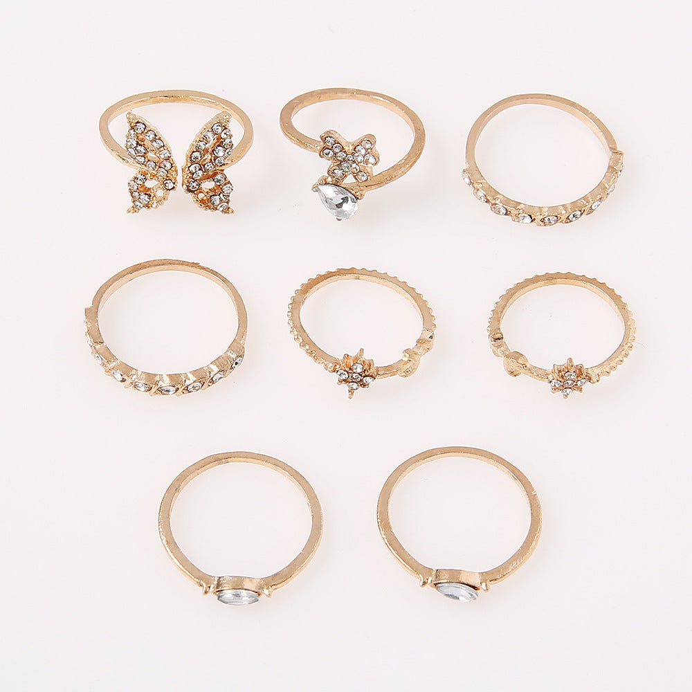 Womens Butterfly Flower Ring Set Vintage Alloy Jewelry 8 Piece With Artificial Gem Inlays For Wedding And Festive Wear