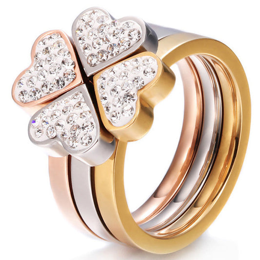 Titanium Steel Leaf Ring Set Three Color Stitching Rhinestones Geometric Inlay Jewelry Gift For Women Gold Rose Gold