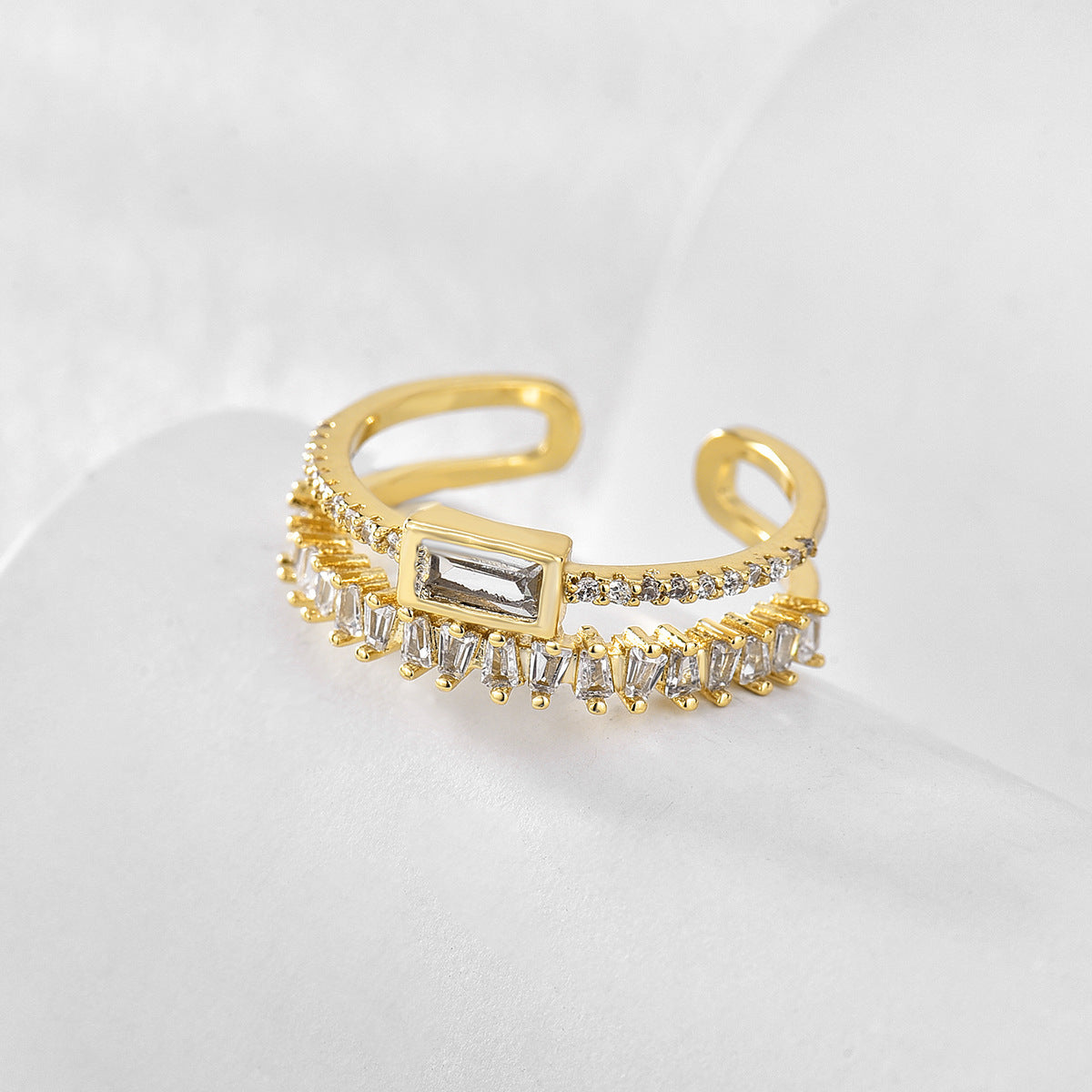 Women Geometric Double Layer Ring Zircon Copper Gold