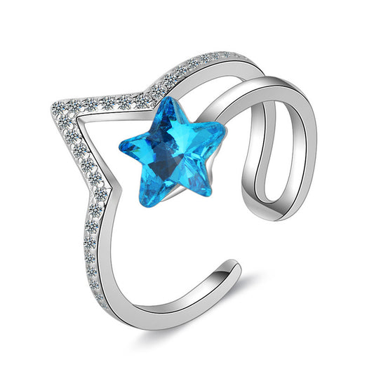 Blue Crystal Star Ring Copper Band All Match Korean Inspired Japanese Style Trendy Elegant Jewelry Accessory