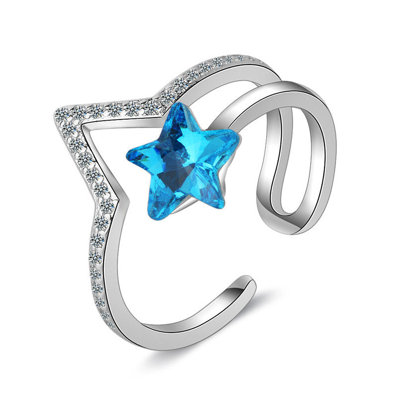 Blue Crystal Star Ring Copper Band All Match Korean Inspired Japanese Style Trendy Elegant Jewelry Accessory
