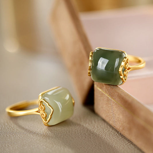 Womens Adjustable Retro Jade Ring Ethnic Gold Plated Inlay Artificial Gemstone Jewelry Statement Piece Jewelry