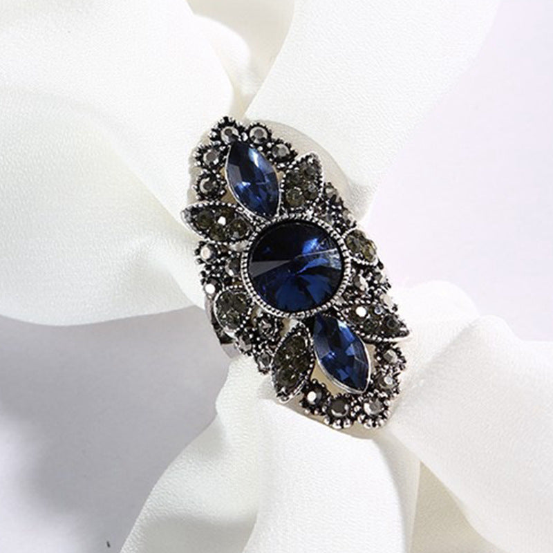 Womens Fashion Ring Plated Alloy Flower Ring Blue Zircon Stone Electroplated Statement Ring European American Style