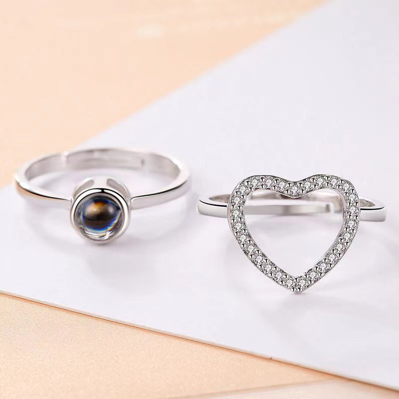 Couple Rings Love You Projection Adjustable Open Heart Rings Set Languages Rose Gold And Silver Alloy Matching