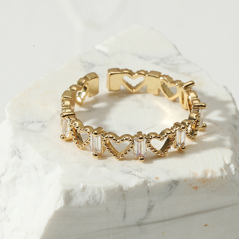 Copper Ring With Zircon Retro Geometric Patterns Design Adjustable Opening Hollow Love Couple Ring Anniversary