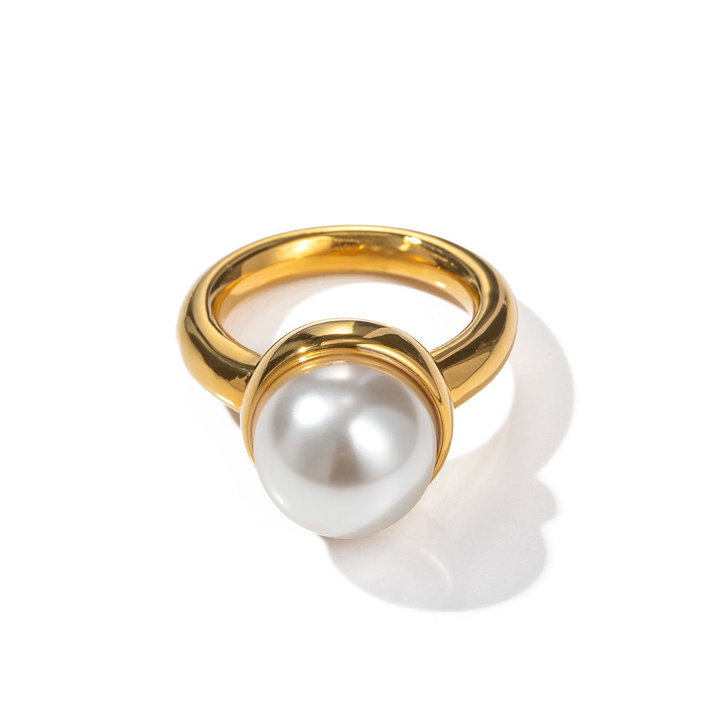 Womens 18K Gold Stainless Steel Ring With Pearl Geometric Design Non Fading Ornament Fashion Jewelry For Women