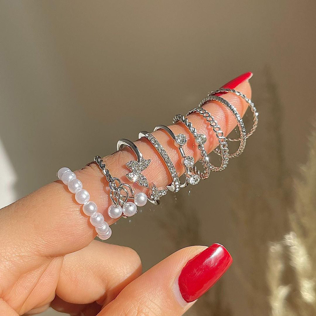 Womens Geometric Alloy Ring Set Featuring Butterfly and Pearl Electroplated Fashion Rings For Women Girls Unisex Gift
