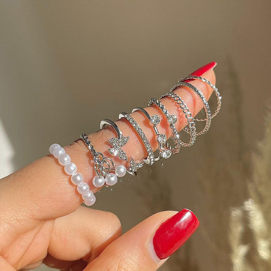 Womens Geometric Alloy Ring Set Featuring Butterfly and Pearl Electroplated Fashion Rings For Women Girls Unisex Gift