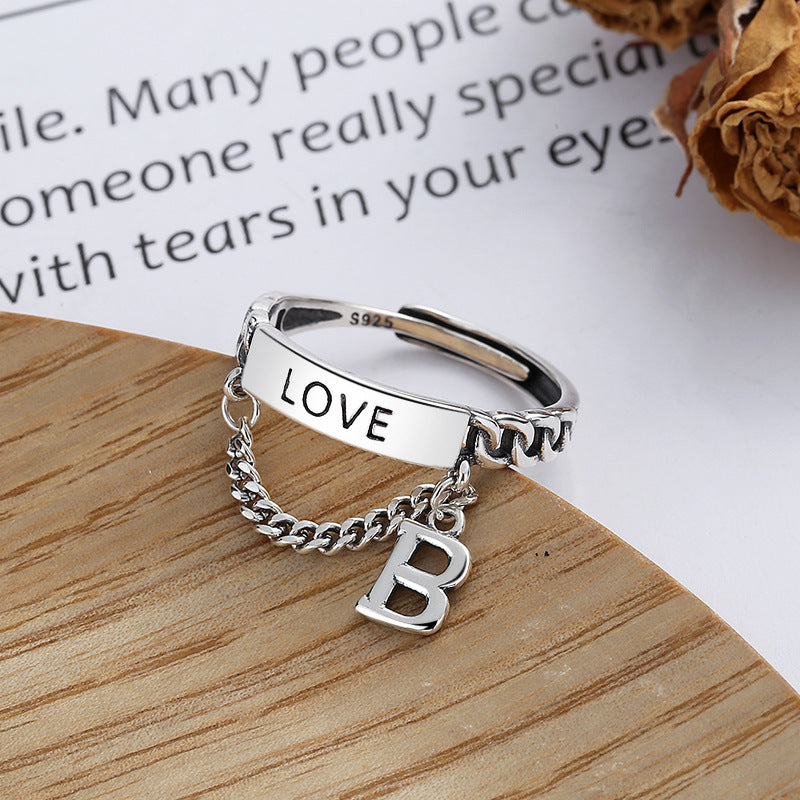 Letter B Tassel Ring 925 Sterling Silver Retro Geometry Korean Stylish Unisex Jewelry For Women Chic Accessory