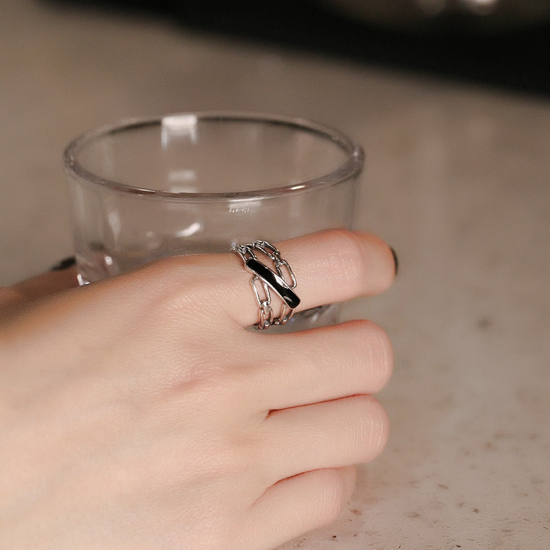 Womens Sterling Silver Ring 925 Wide Epoxy Hollow Chain Band Geometric Design Adjustable Opening Fashion Style