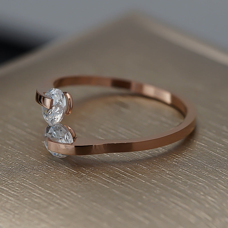 Rose Gold Stainless Steel Ring With Zircon Open Band Simple Temperament Fashion Ring For Couples Everyday Wear