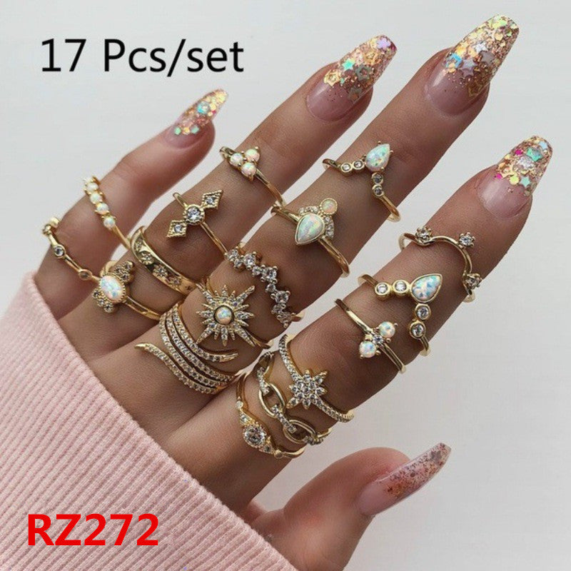 Womens Bohemian Ring Set Geometric Inlaid Gemstones Alloy Electroplated European Style Rings Jewelry Set Gifts
