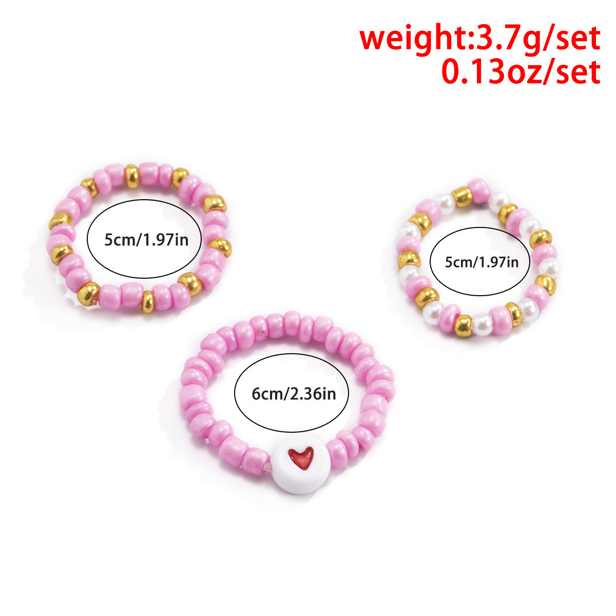 Heart Shaped Rings Set for Women Pink Rice Bead Acrylic Jewelry Set of 3 Cute Heart Rings Ideal Gift for Women