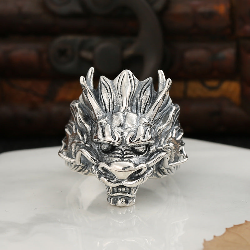 Sterling Silver Dragon Head Ring Zodiac Vintage Style