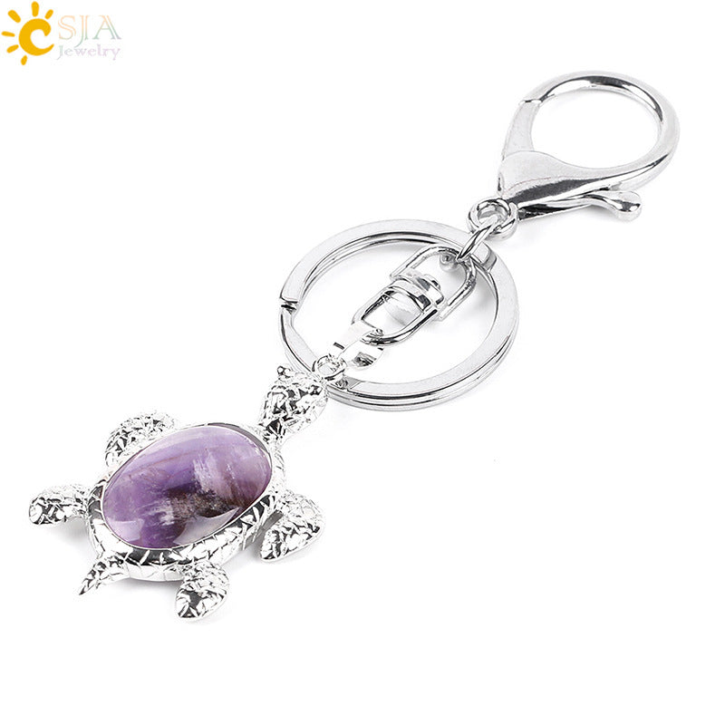 Natural Stone Keychain Bird Turtle Shape Accessory For Keys Bags White Crystal Turquoise Opal Pink Bead Accent