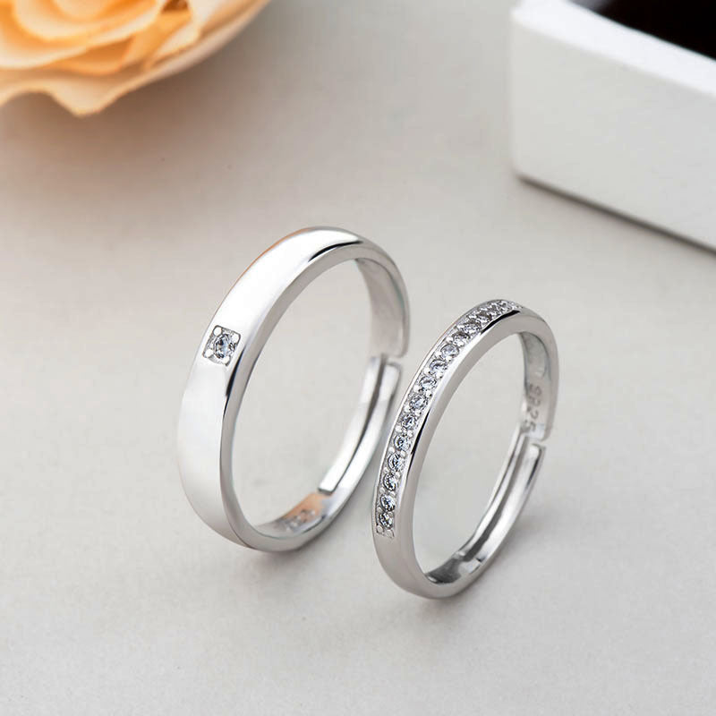 Sterling Silver Couple Rings Simple New Geometric Bands with Zircon Stone Engagement Promise Jewelry for Women
