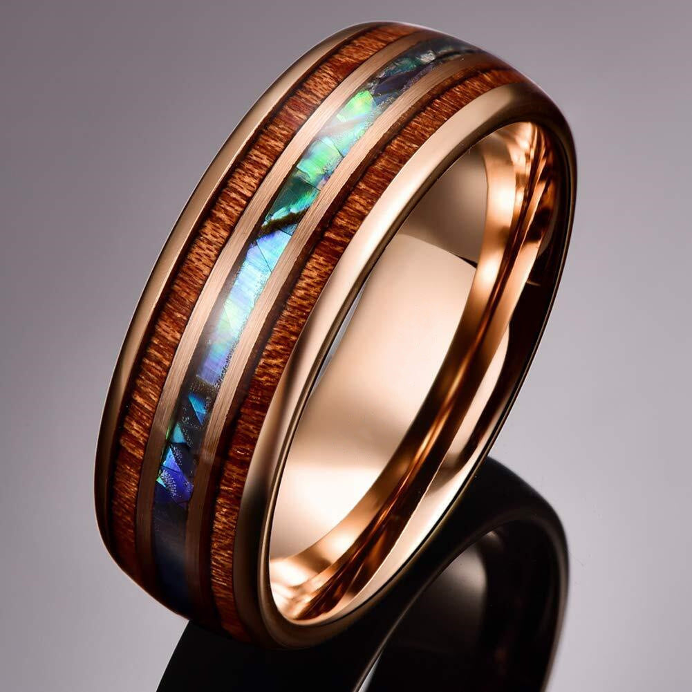 Womens Rose Gold Wood Grain Stainless Steel Ring Geometric Design Trendy Elegant Titanium Steel Jewelry Gift Chic