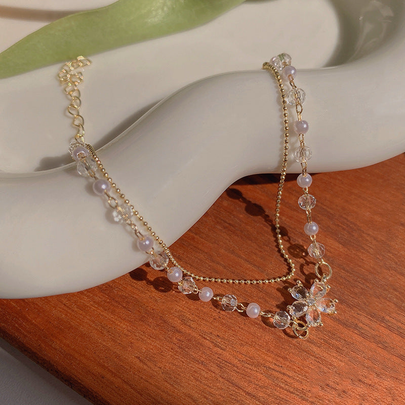 Womens Gold Bracelet Double Layer Flower With Zircon Accent And Pearl Flower Design Adjustable Chain Bracelet A