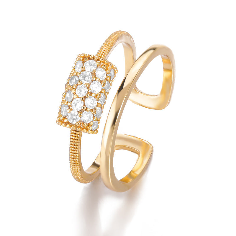 Zircon Double Layer Copper Ring With Golden Bamboo Inlay For Elegant Wedding Jewelry Fashion Accessory For Women