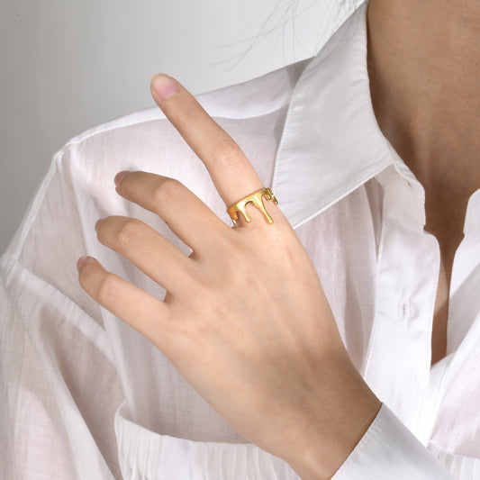 Titanium Steel Ring Flowing Water Droplets Irregular Geometric Electroplated Gold And Steel Coloring Size 6 7 8