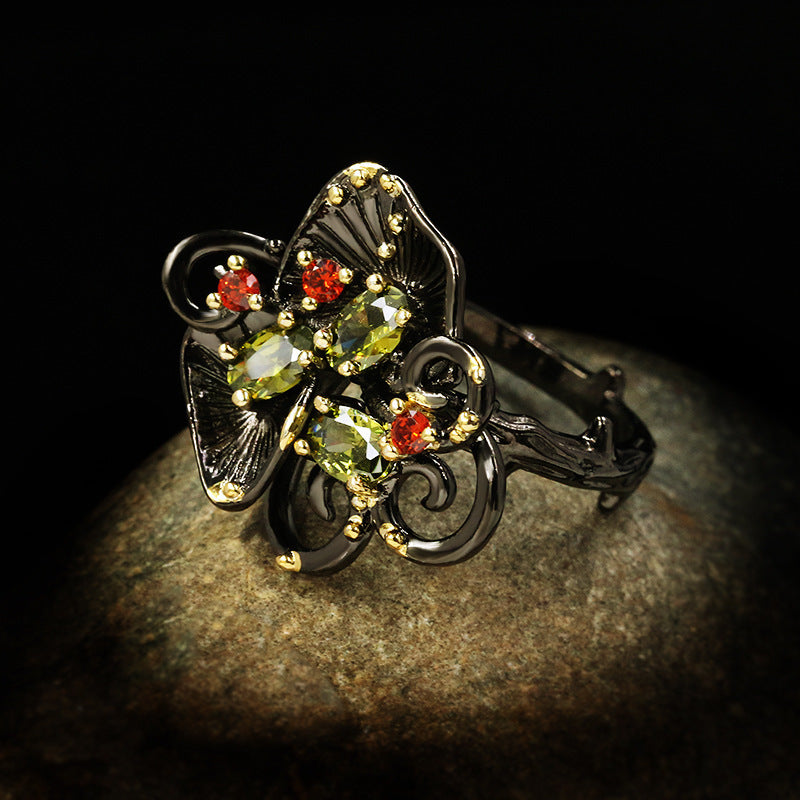 Vintage Brass Ring With Onyx And Zircon Carved Gemstone For Fashion Women European And American Style Timeless