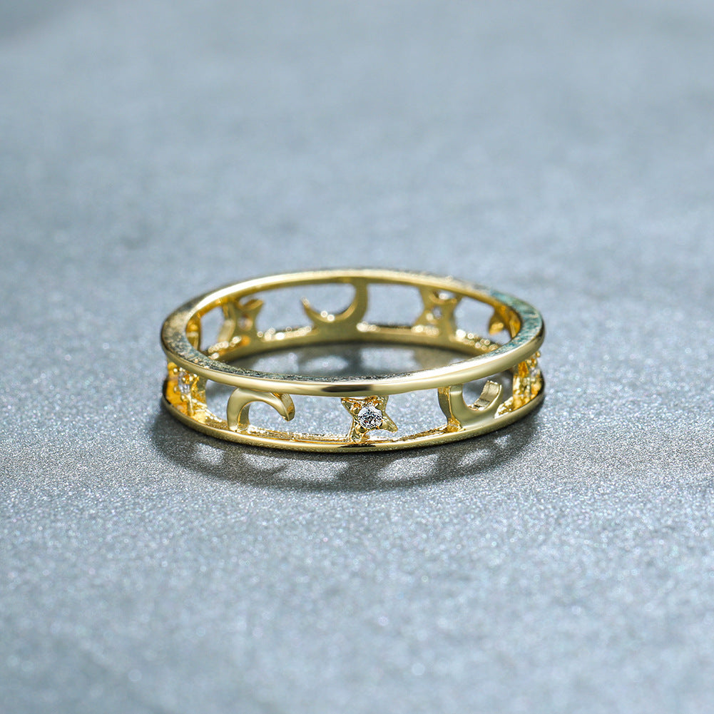 Gold Zircon Ring With Circle Star And Moon Design For Women Copper Base Jewelry Sizes 6 7 8 9 10 Gifts For Her