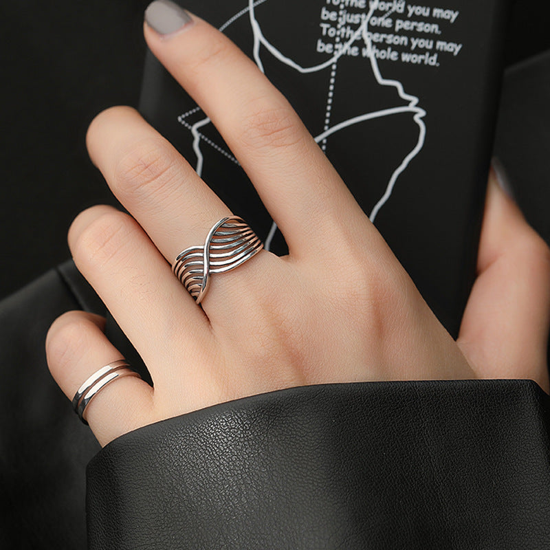 Womens Adjustable Ring Thai Silver Plated Multi Layer Line Cross Geometric Design Fashion Ring Line Ring Cross