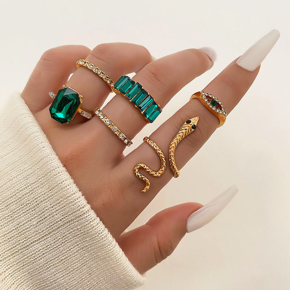 Green Rhinestone Geometric Ring Set For Women Six Piece Alloy Electroplated Jewelry For Women And Girls Trendy