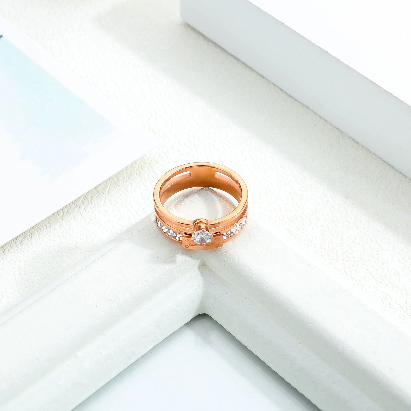 Crown Design Titanium Steel Ring Rose Gold Diamond Accent Promise Ring For Everyday Wear And Occasions Special