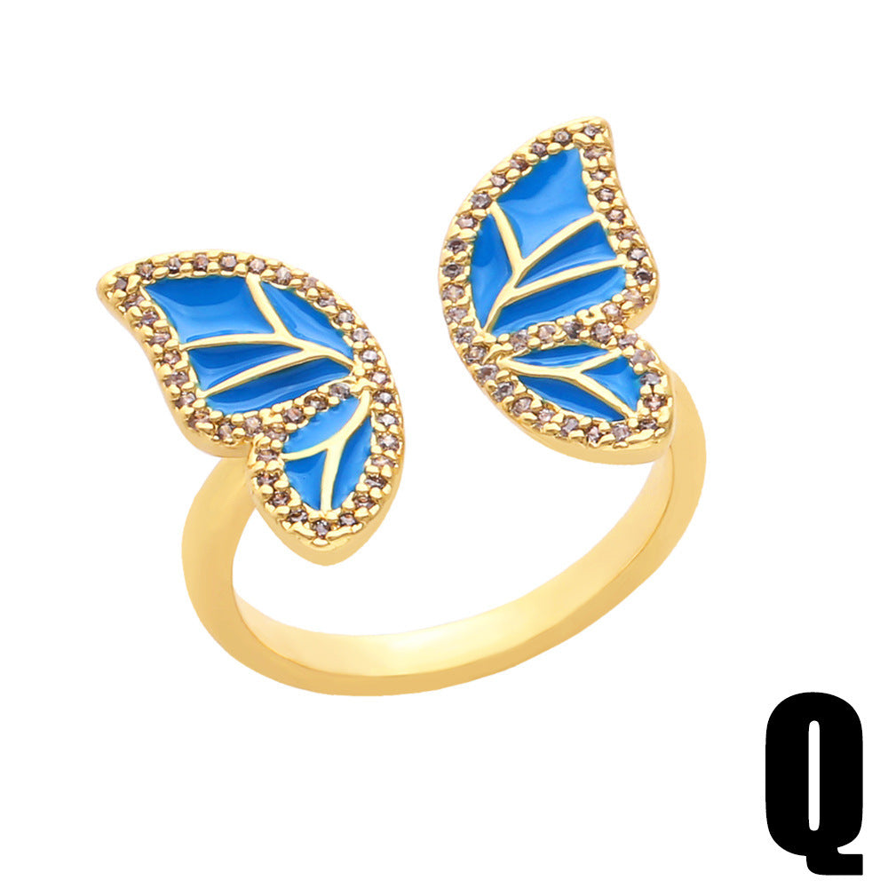 Women's Butterfly Ring Copper Adjustable Zircon Oil Drop Jewelry Elegant Fashion Accessory with Sparkling Zircon