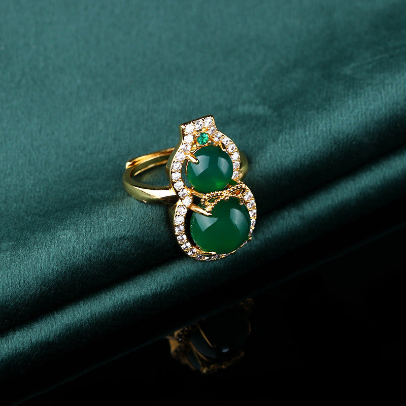 Women's National Fashion Ancient Costume Cheongsam Retro Natural Chalcedony Agate Gourd Ring