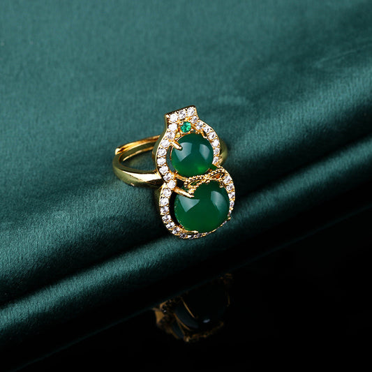 Women's National Fashion Ancient Costume Cheongsam Retro Natural Chalcedony Agate Gourd Ring