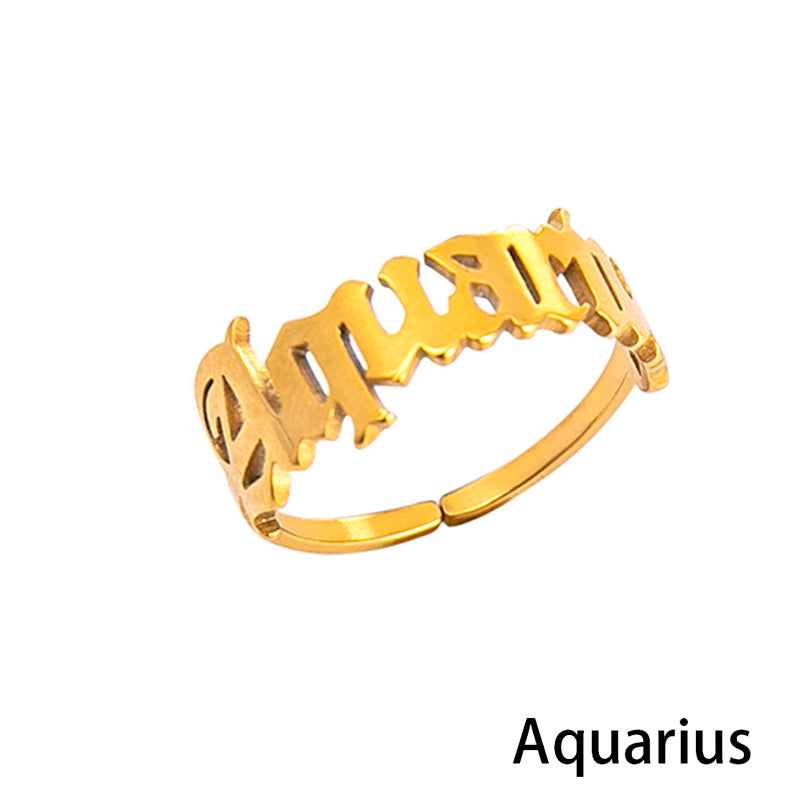 Stainless Steel Zodiac Sign Open Ring Adjustable Gold Letter Initial Ring for Women Lightweight Everyday Spark