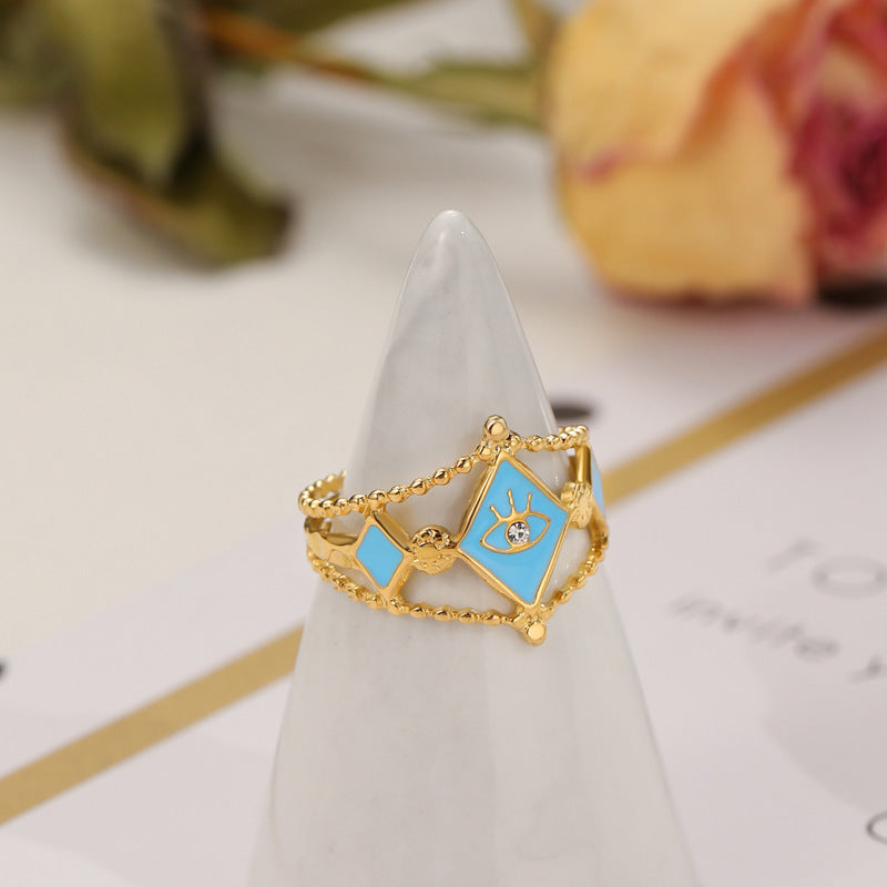 Womens Stainless Steel Ring Dripping Oil Prismatic Eye Pattern Adjustable Opening Fashion Jewelry High Quality Durable