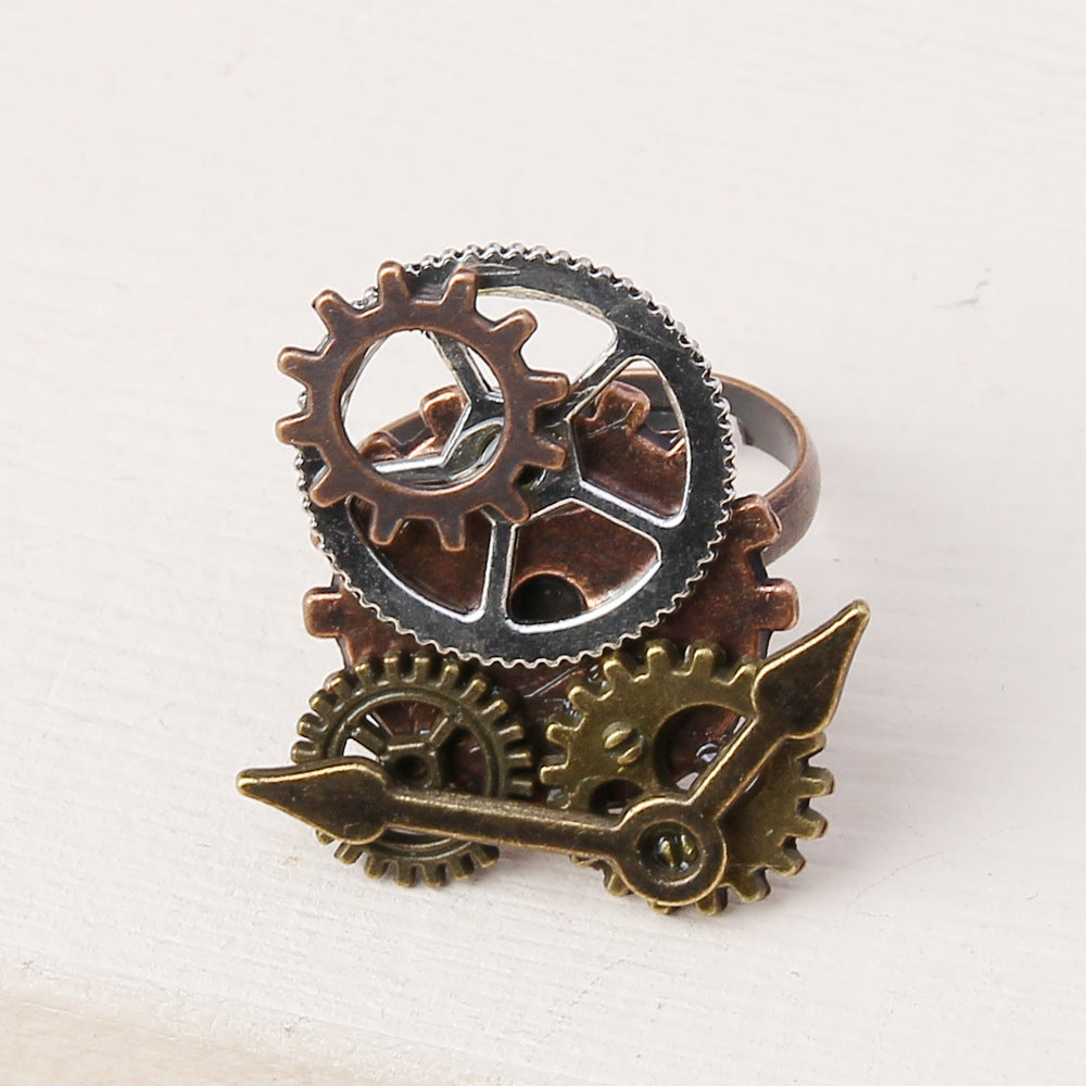 Womens Alloy Gear Ring With Retro Geometric Needle Design Electroplated Bronze Tone Inlaid Gem Vintage Elegant