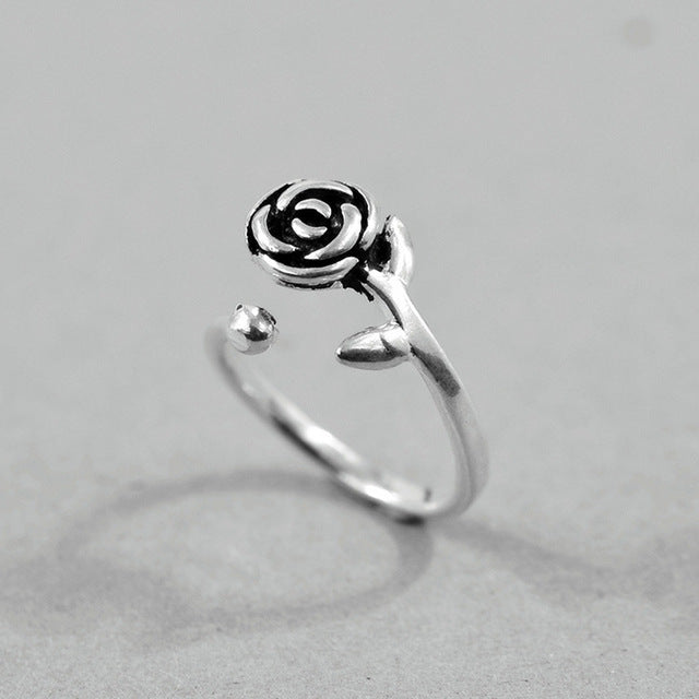Sterling Silver Rose Flower Open Ring Vintage Design S925 Jewelry For Women And Girls Elegant Floral Ring Wear