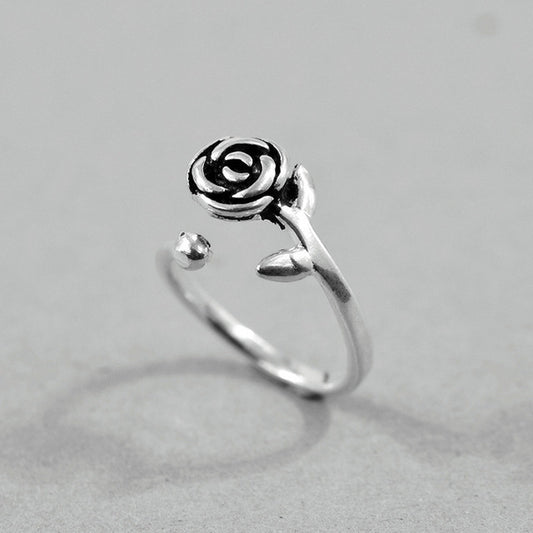Sterling Silver Rose Flower Open Ring Vintage Design S925 Jewelry For Women And Girls Elegant Floral Ring Wear