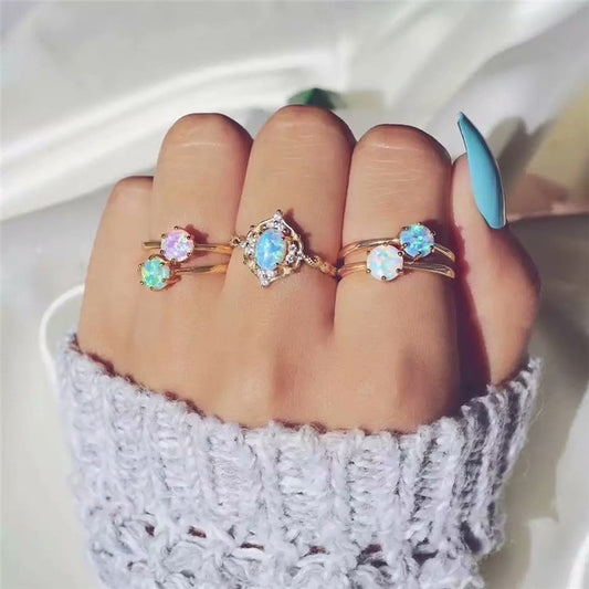 Womens Fashion Ring Set With Imitation Opal Simple Geometric Design Knuckle Rings Alloy Electroplated Finish Jewelry Set