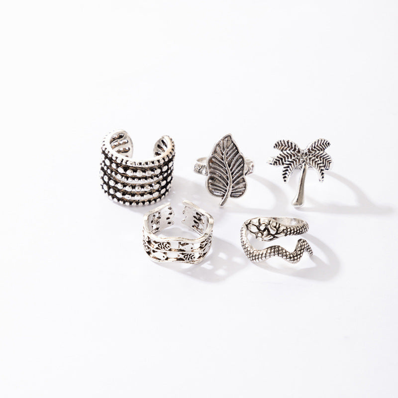 Gold Plated Adjustable Ring Set Retro Opening Design Featuring Fish Snake Coconut Tree And Leaf Shapes Jewelry