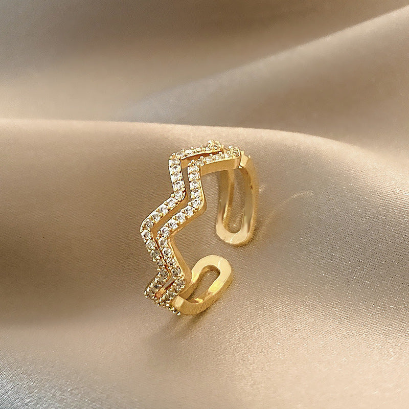 Adjustable Double Layer Wave Ring Gold Copper Curve Design For Women Trendy Korean Inspired Fashion Jewelry Accessory