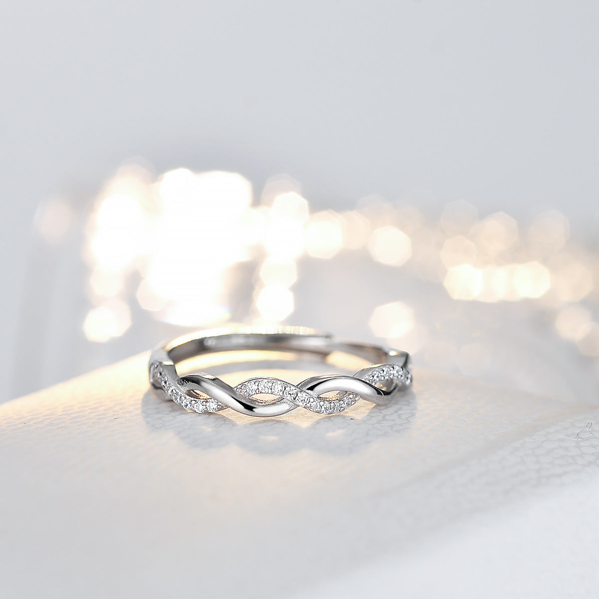 Sterling Silver Twist Ring With Zircon Inlays Adjustable