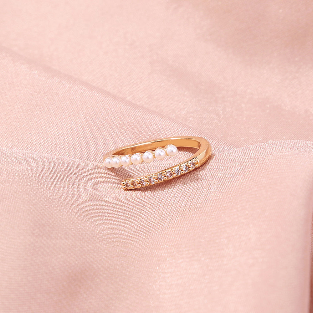 Womens Adjustable Zircon Pearl Ring Copper Plated Jewelry Elegant Sparkling Accessory Everyday Sparkle Jewelry